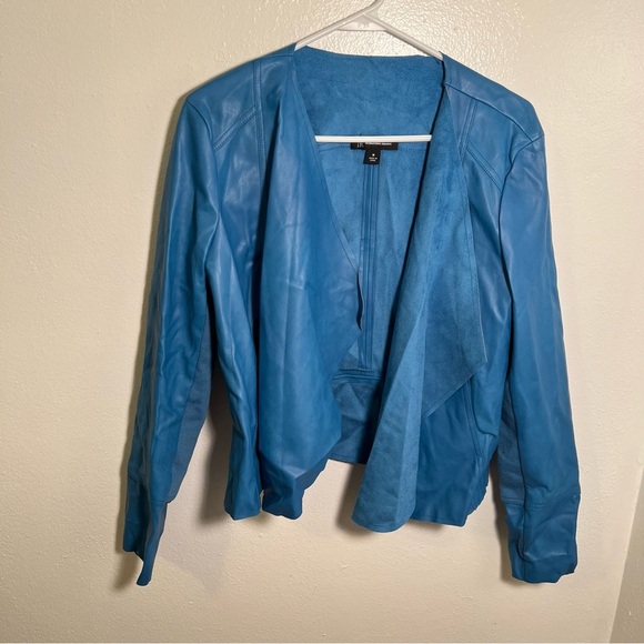 INC International Concepts Vegan Leather Draped Front Jacket Blue M - Picture 2 of 13